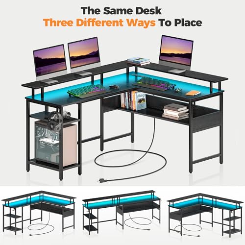Rolanstar Computer Desk 56.7" with LED Lights and Power Outlets, Carbon Fiber Surface K1543