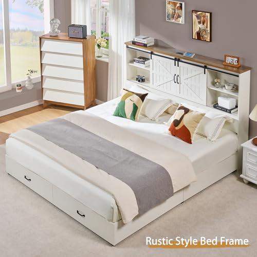 VanAcc Full Size Wooden Platform Bed with Bookcase Headboard and 2 Drawers O6158