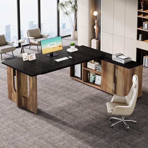 Tribesigns 74.8" L Shaped Executive Desk with Shelves, Black and Brown R6407