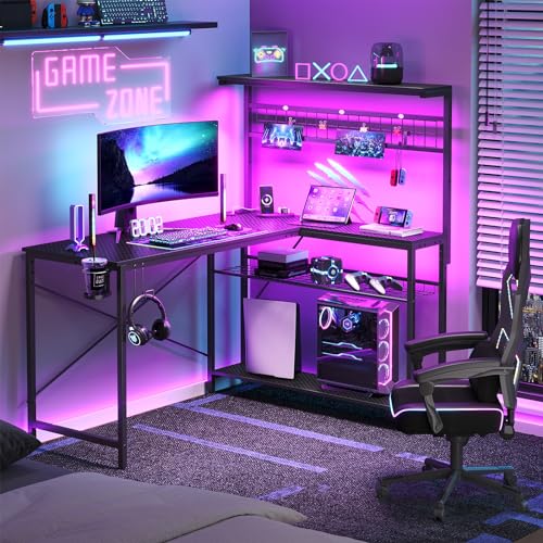 Bestier 42 L Gaming Desk with Power Outlets, LED Lights and Shelves D8630