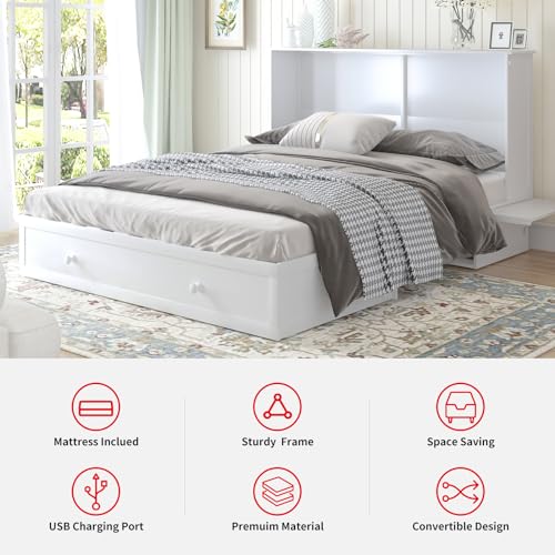 PUREMIND Queen Murphy Bed Cabinet with Mattress and USB Charging Station G362