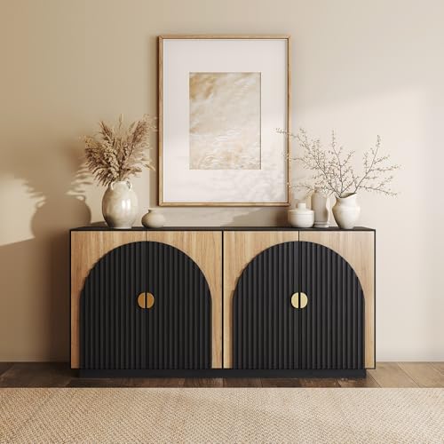 BELLEZE 65 Inch Fluted Buffet Cabinet with Storage, Caramel Brown U96619