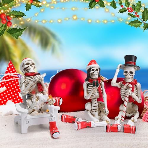 Soulchen 3 Pcs Skeleton Figurines with Christmas Hat and Scarf 7.5" Tall W331129