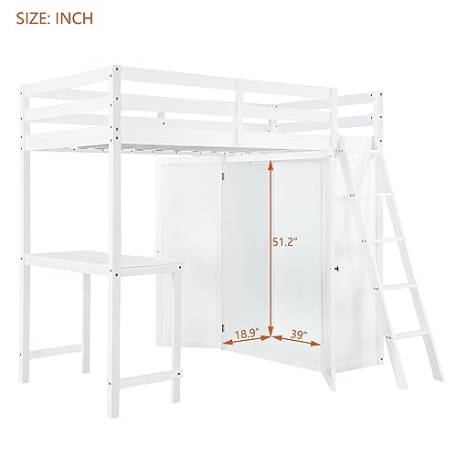 Harper & Bright Designs Full Size Loft Bed with Wardrobe and Desk, Solid Wood, White R4710