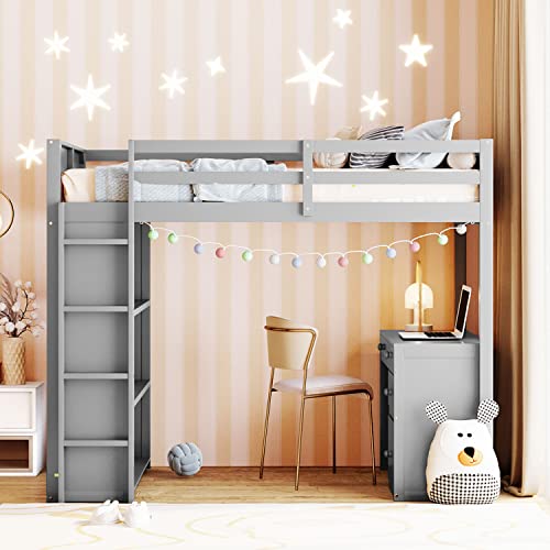 Harper & Bright Designs Full Size Loft Bed with Wardrobe and Desk, Solid Wood, White R4710