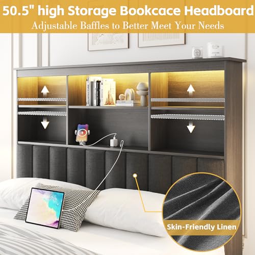 Lifezone Queen Bed Frame with Bookcase Headboard, Storage Drawers & Charging Station, Rustic Grey V4785