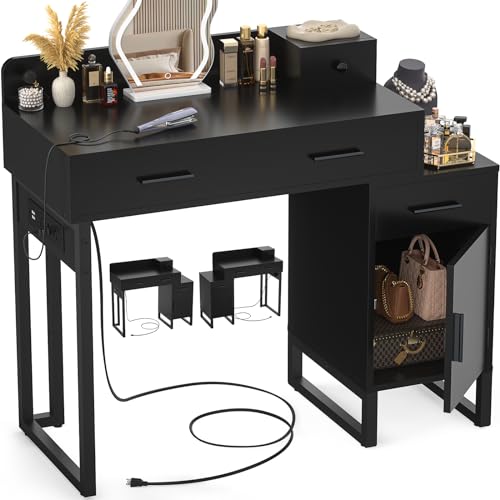 Black Vanity Desk with 4 Drawers and Charging Station O896