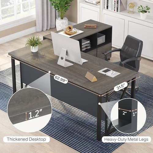 Tribesigns 63" Executive Desk with 47" Lateral File Cabinet, L-Shaped Computer Desk, Brown and Black N680173