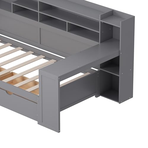 Bellemave Twin Corner Bed Frame with Storage Shelves and Desk, Gray L74206