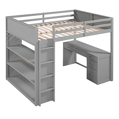 Harper & Bright Designs Full Size Loft Bed with Wardrobe and Desk, Solid Wood, White R4710