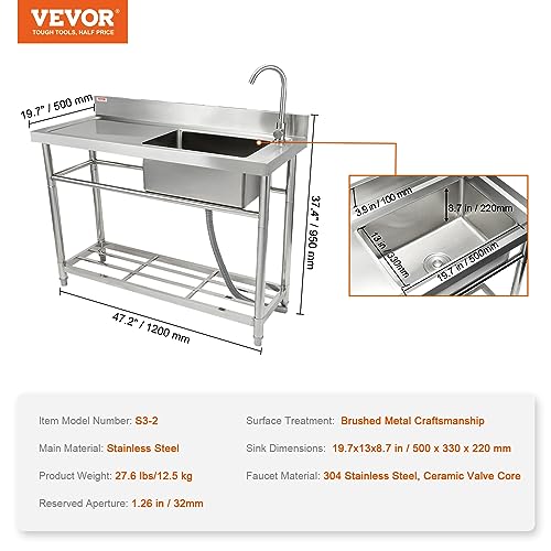 VEVOR Stainless Steel Utility Sink with Workbench Faucet and Legs, 39.4 x 19.1 x 37.4 in L559