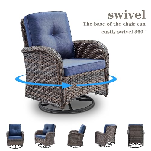 Outdoor Wicker Swivel Rocker Chairs Set of 2 with Rattan Side Table, Brown/Blue B592