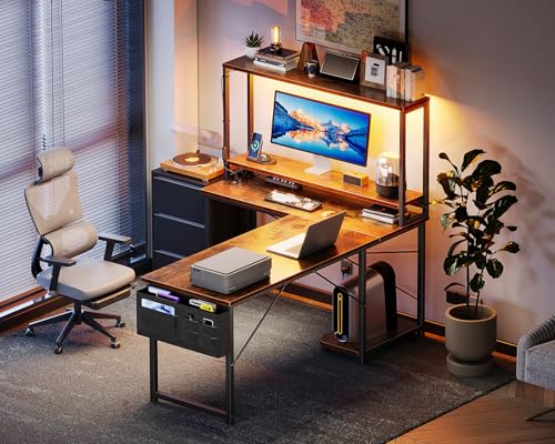 AODK L Shaped Gaming Desk with LED Light & Power Outlet, Grey Oak P41493