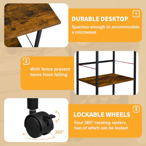 Microwave Cart with Storage, 3-Tier Rolling Kitchen Stand, Wood and Metal Utility Cart I6668