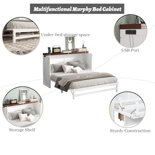 Queen Murphy Bed Cabinet with Storage Drawer and Charging Station, Solid Pine, White A401
