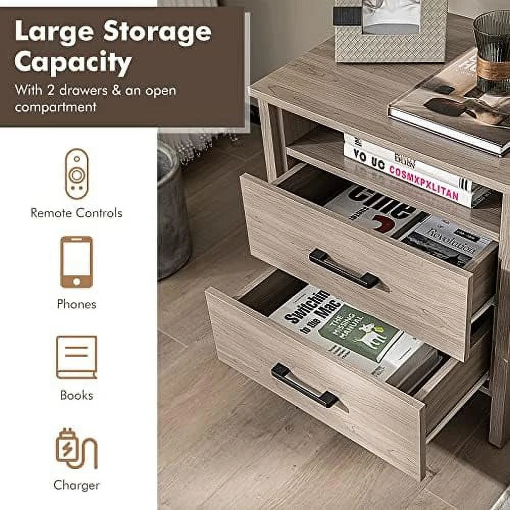 RUNFAYBIU Nightstand with 2 Drawers Wooden End Table Oak S202392