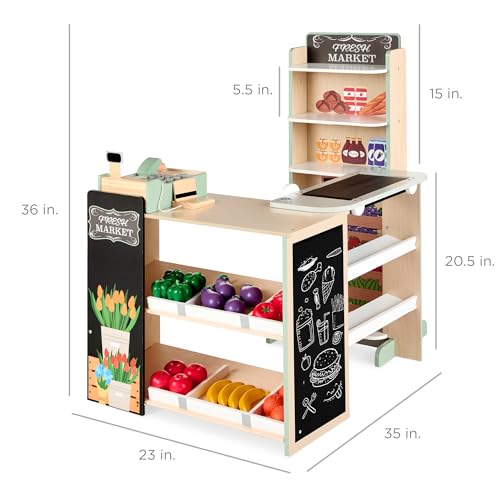 Pretend Play Grocery Store Wooden Supermarket Toy Set for Kids with Play Food, Cash Register, Conveyor - Red I3448