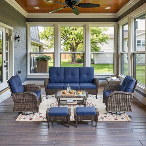 Outdoor Wicker Swivel Rocker Chairs Set of 2 with Rattan Side Table, Brown/Blue B592