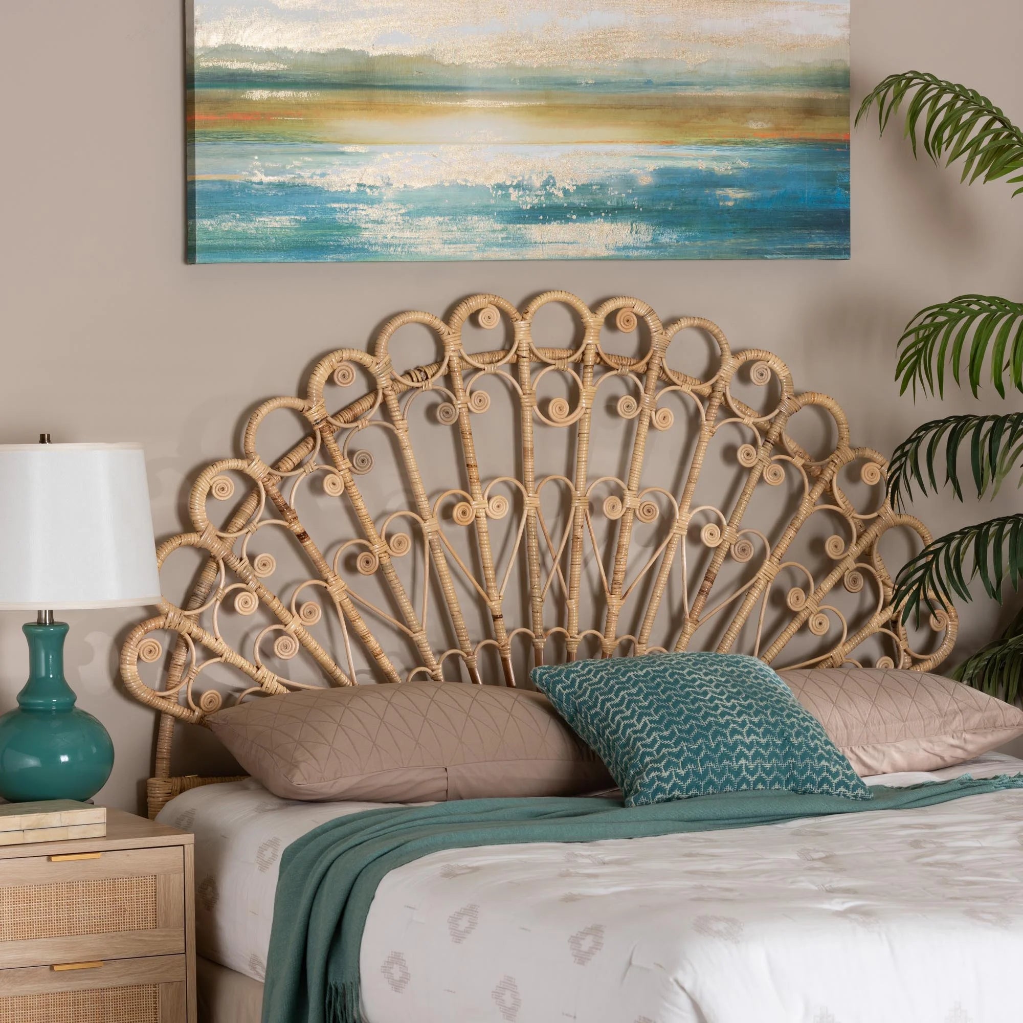 bali & pari Rasima Modern Bohemian Natural Brown Rattan Queen Size Standalone Headboard