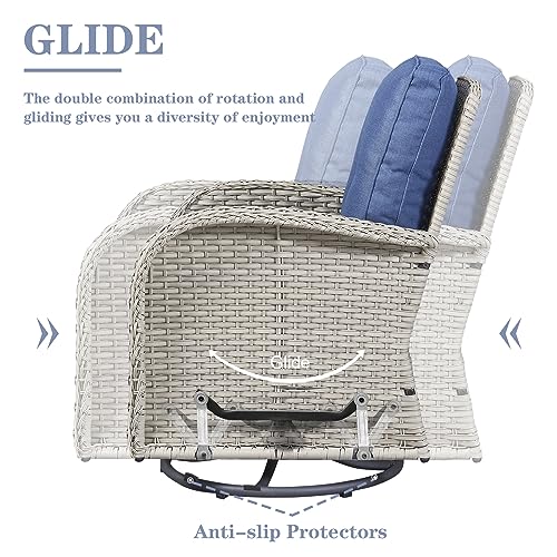Outdoor Wicker Swivel Rocker Chairs Set of 2 with Rattan Side Table, Brown/Blue B592