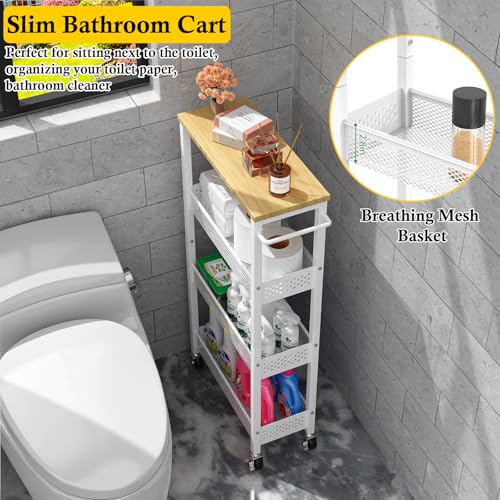 Utility Slim Storage Cart 4-Tier Rolling Cart with Wood Top A517006