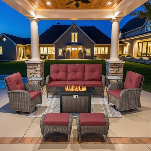 Outdoor Wicker Swivel Rocker Chairs Set of 2 with Rattan Side Table, Brown/Blue B592