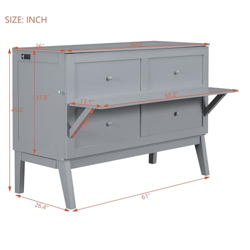 Queen Size Solid Pine Murphy Bed Chest with Charging Station and Storage Drawer K498