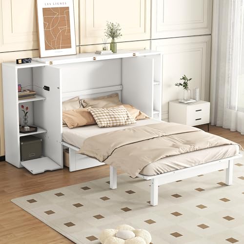 Ball & Cast Queen Size Solid Pine Murphy Bed with Charging Station, White + Walnut P2075