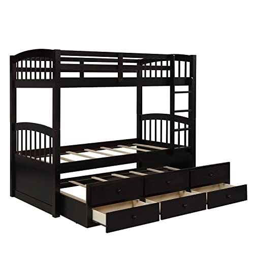 Harper & Bright Designs Twin Over Twin Bunk Bed with Storage Drawers, Solid Wood, Espresso P440327