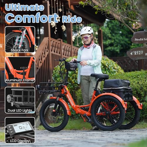 MOONCOOL Electric Tricycle for Adults, 500W 48V Folding 3-Wheel Bike with Basket O9027