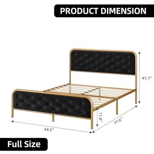 GAOMON Queen Size Bed Frame with Button Tufted Curved Headboard, Velvet Upholstered Platform Bed, Gold-Black Z671