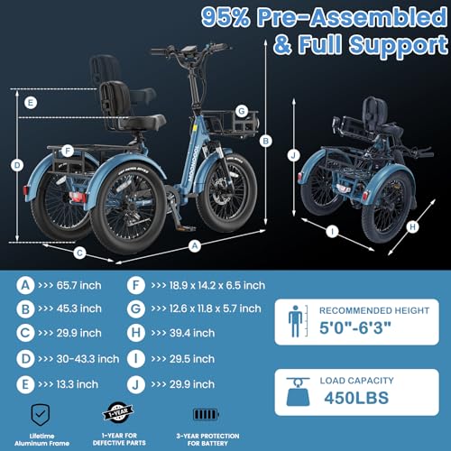 MOONCOOL Electric Tricycle for Adults, 500W 48V Folding 3-Wheel Bike with Basket O9027