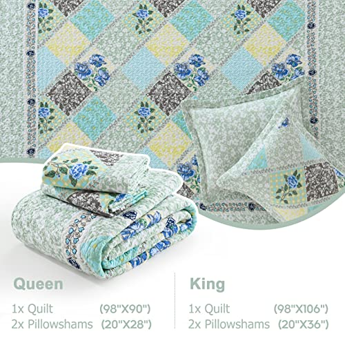 Finlonte Quilts Queen Size Set, Floral Patchwork Blue Grey Farmhouse Cotton Reversible Bedding U736679