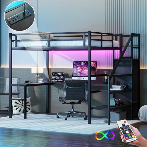 Wood Full Size Gaming Loft Bed with Desk, LED and Charging Station O637