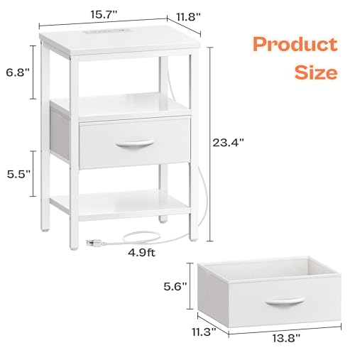 SUPERJARE Nightstand with Charging Station, Fabric Drawer, 3-Tier Storage, Walnut K366263