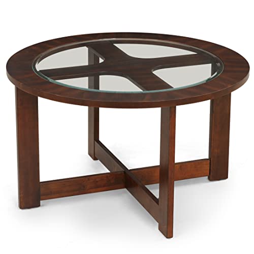 Roundhill Furniture Cylina Solid Wood Glass Top Round Coffee Table with 4 Stools F76357