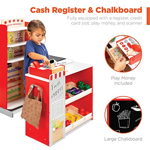 Pretend Play Grocery Store Wooden Supermarket Toy Set for Kids with Play Food, Cash Register, Conveyor - Red I3448