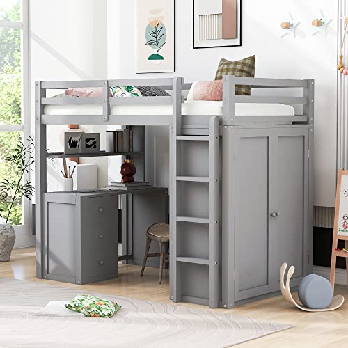 Harper & Bright Designs Full Loft Bed with Desk, Wardrobe, Solid Wood N868457