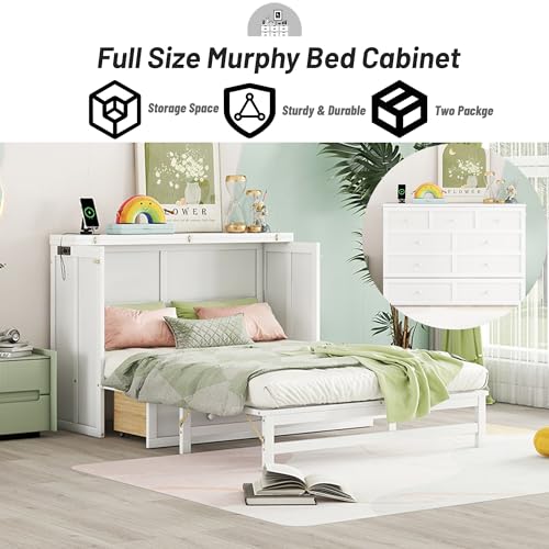 Queen Murphy Bed Cabinet with Storage Drawer and Charging Station, Solid Pine, White A401