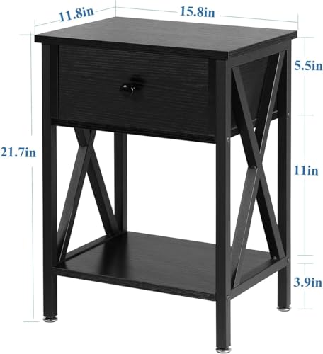 VECELO End Side Table with Cabinet, Bedside Nightstand, Dark Black I43242