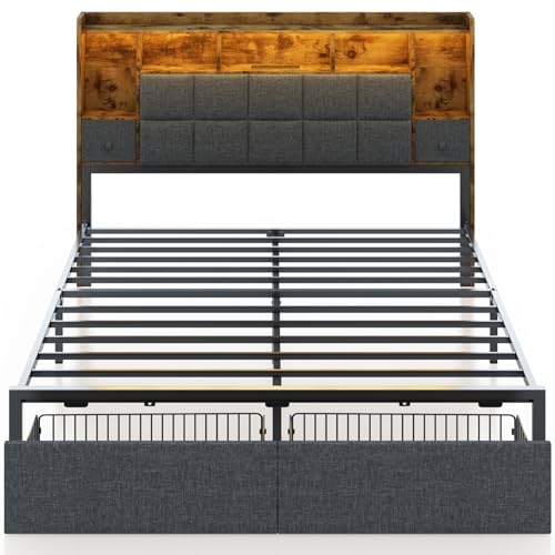 LED Bed Frame Full Size with Bookshelf Headboard and Charging Station R978868