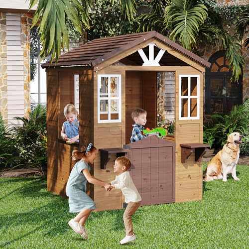 Cedar Wooden Kids Playhouse with Play Kitchen and Vinyl Roof U118424