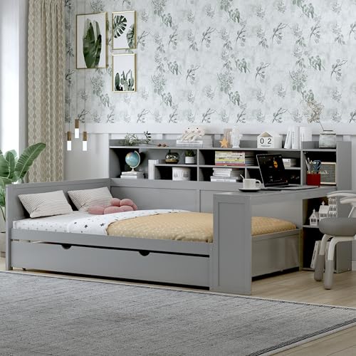Bellemave Twin Corner Bed Frame with Storage Shelves and Desk, Gray L74206