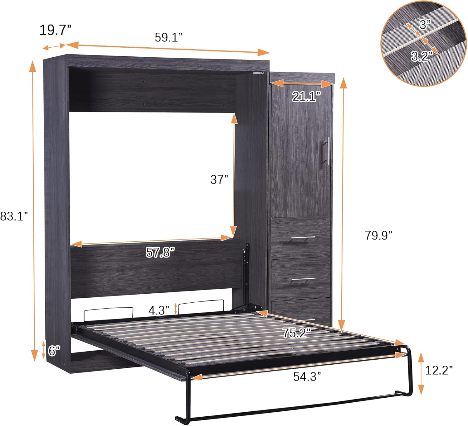 Full Size Murphy Bed Storage Cabinet with Wardrobe and Drawers I85376