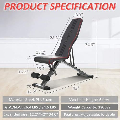 YOLEO Adjustable Weight Bench, Foldable Strength Training, 330 lbs Capacity V8907
