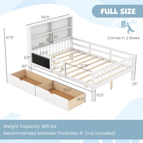 Giantex Full Bed with 2 Storage Drawers, Solid Wood Kids Bed Frame, White N580265