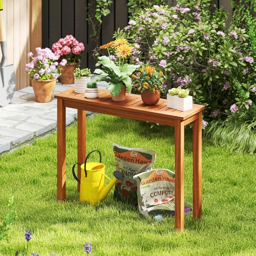 Tangkula Wooden Plant Stand with Teak Oil Finish for Outdoor Indoor B657