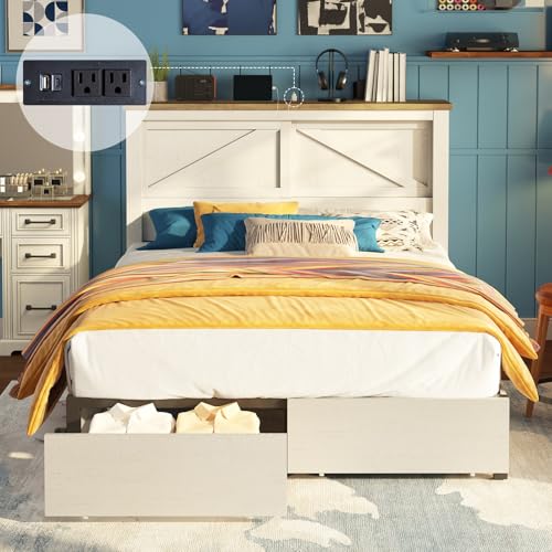 AMERLIFE King Bed Frame with Bookcase Headboard and Charging Station V4787
