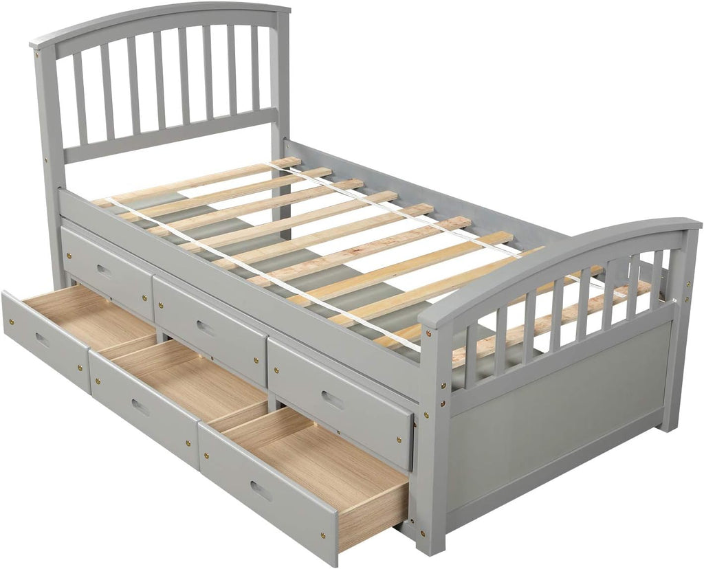 Twin Size Platform Storage Bed Solid Wood with 6 Drawers, Gray V756792