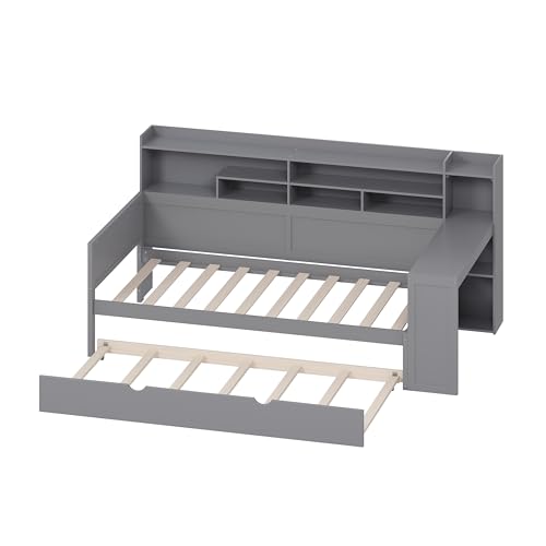 Bellemave Twin Corner Bed Frame with Storage Shelves and Desk, Gray L74206